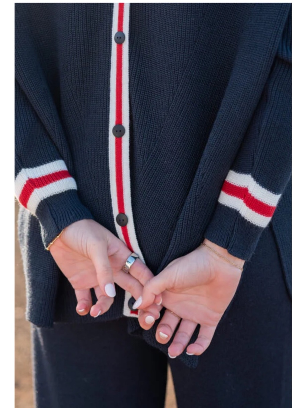 MERSEA Navy Sz OS Knit Sweater Red White Stripe Sleeve Cuff Button Back Nautical
